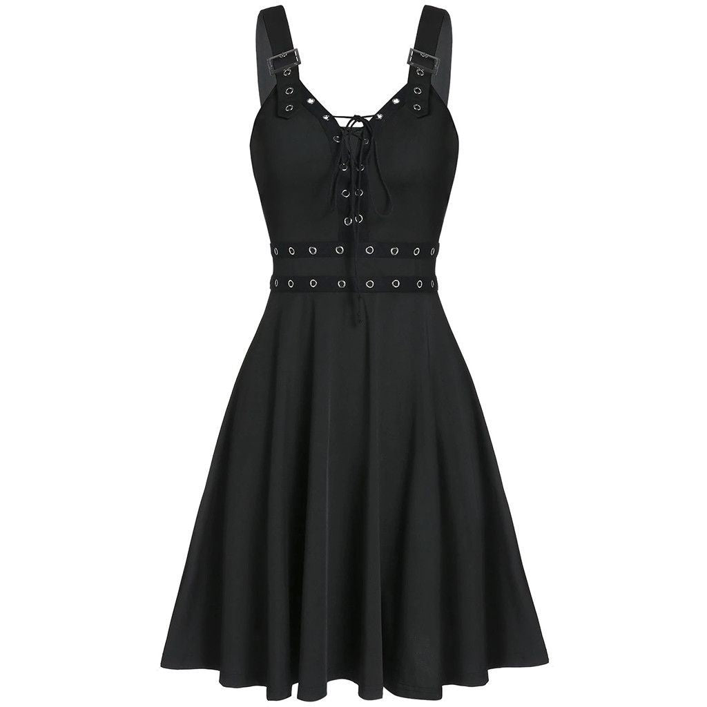 Women's Gothic Punk Panelled Lace-Up Detailed Skater Dress