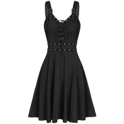 Women's Gothic Punk Panelled Lace-Up Detailed Skater Dress