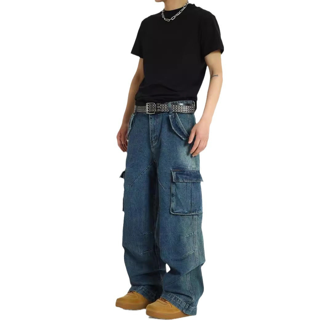 Men's Denim Jeans Multi Pocket Heavy-duty Loose Fit Trousers