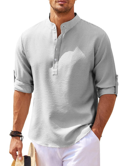 Men's Solid Colour Textured Cotton Shirt Long Sleeve Stand Up Half Open Collar T-shirt Sweater Top