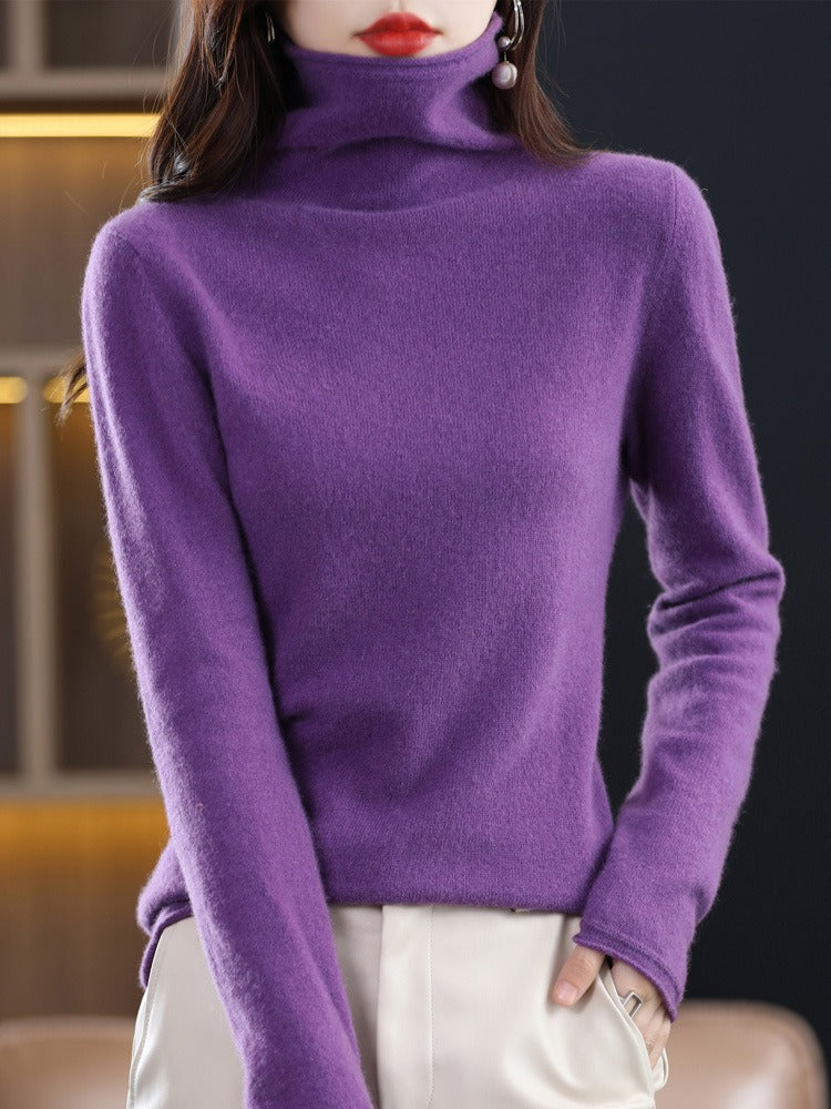 Women's Solid Colour Wool Sweater High Lapel Neck Long Sleeve Warm Cosy Jumper Top