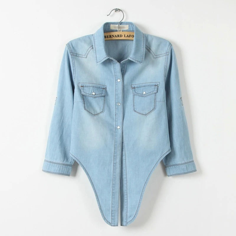 Women's Denim Shirt Crop Tie Waist Medium Sleeve Button Front Collar Top Casual Fashion