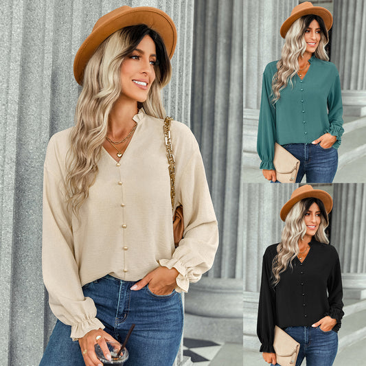 Women's V-Neck Button Detail Frill Collar and Cuffs Blouse