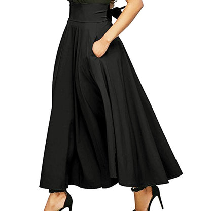 Women's Solid Colour Flared Maxi Skirt Belted Back Tie With Pockets