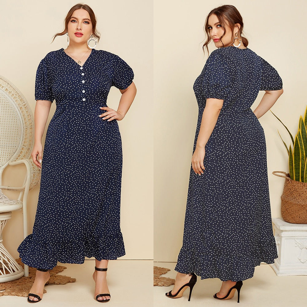 Women's Plus Size Polka Dot Fitted Maxi Dress Short Sleeve V-Neck Button Detail