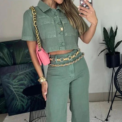 Women's Top and Trousers Two Piece Set Co-ords Solid Colour Denim Style Short Sleeve Button Front Fitted Bottoms Casual Fashion