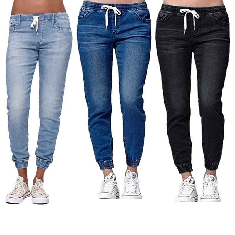 Women's Plus Size Denim Jeans Loose Cuffed Hem Drawstring Jogger Style Casual Trousers