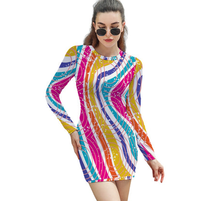 Women's Abstract Stripe Circle All Over Print Short Mini Bodycon Long Sleeve Skinny Fashion Summer Dress - 4 colours available