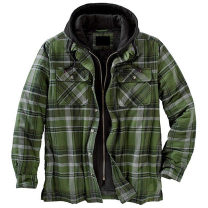 Men's Check Striped Plaid Lined Hooded Jacket Long Sleeve Button Front Shirt