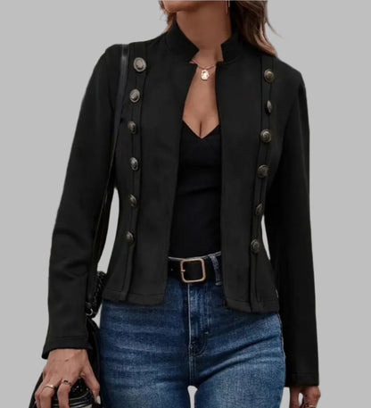 Women's Faux Suede Open Front Button Detail Fitted Jacket