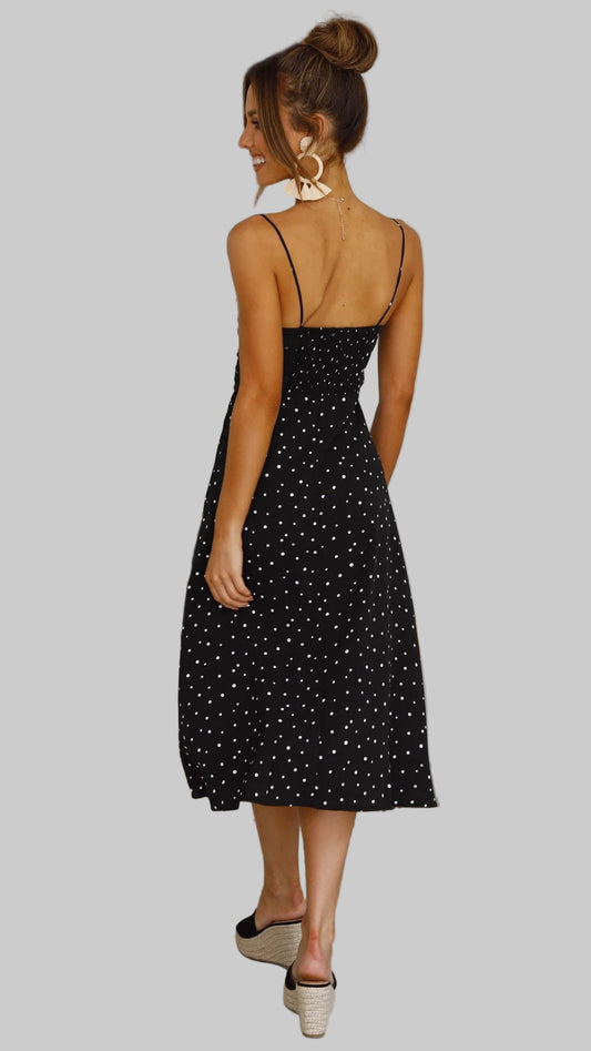Women's Polka Dot Spaghetti Strap Split Leg Midi Dress