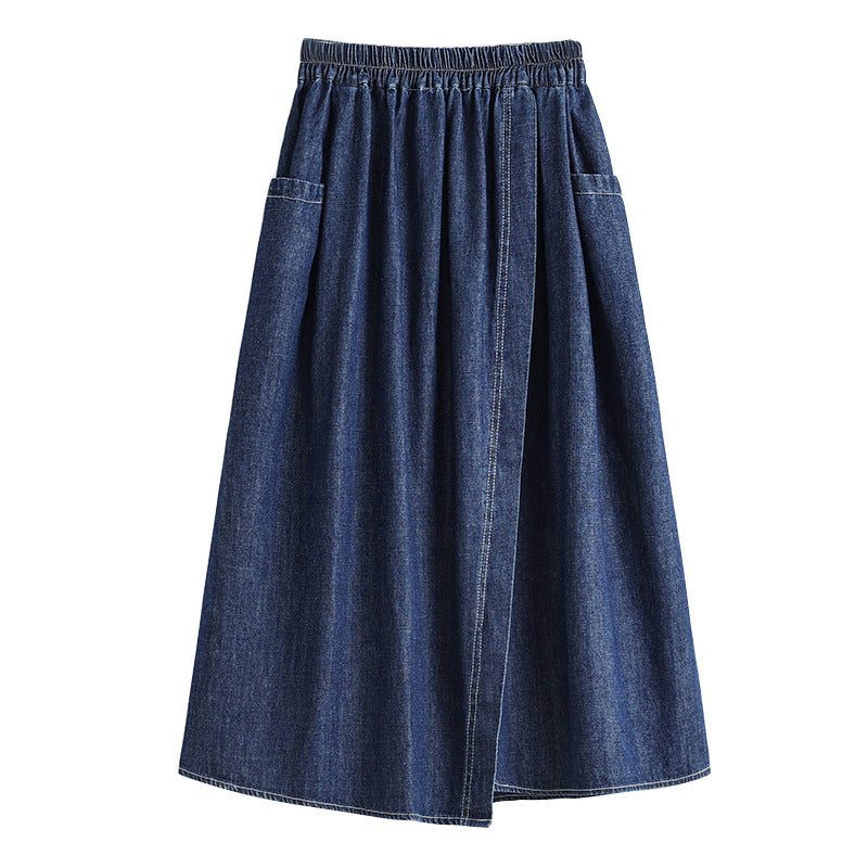 Women's Plus Size Denim Midi Skirt Front Wrap Split