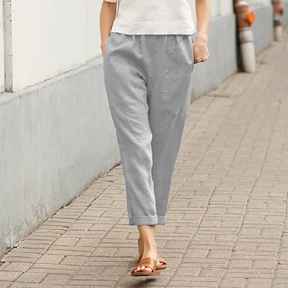 Women's Linen Cotton Loose Fit Straight Leg Cropped Trousers