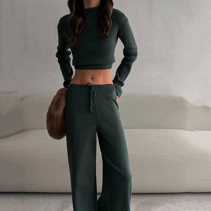 Women's Solid Colour Top and Trousers Two Piece Set Long Sleeved Short Crop Top Wide Leg Outfit