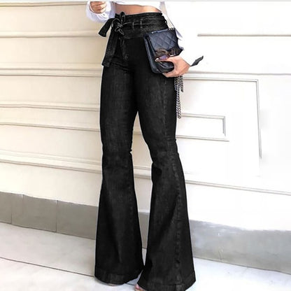 Women's Denim Jeans High Waist Tie Belt Detail Flared Fitted Pants