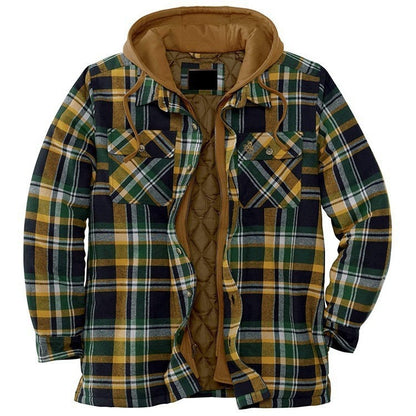 Men's Check Striped Plaid Lined Hooded Jacket Long Sleeve Button Front Shirt