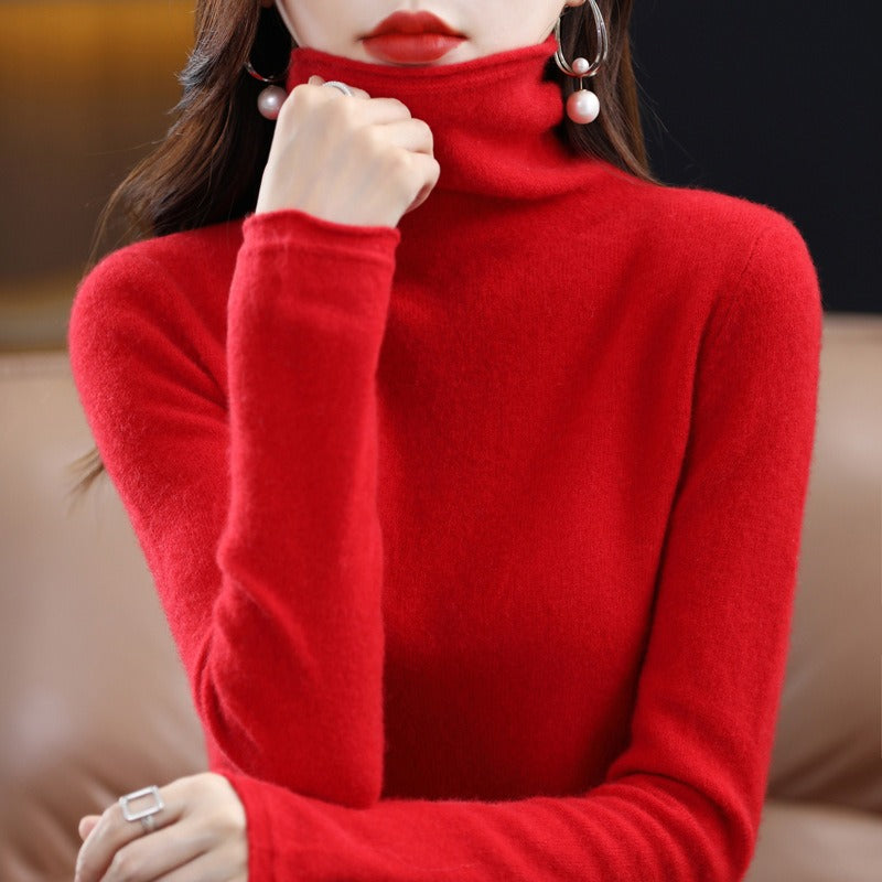 Women's Solid Colour Wool Sweater High Lapel Neck Long Sleeve Warm Cosy Jumper Top