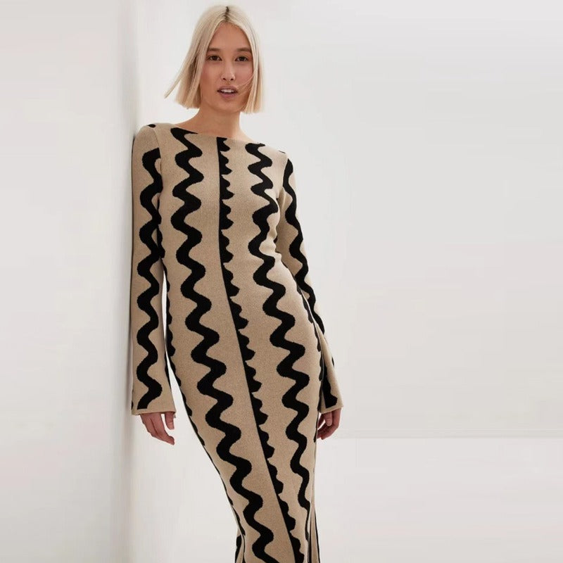 Women's Contrast Wave Stripe Print Wool Dress