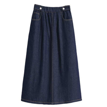 Women's Plus Size Dark Denim Skirt Elastic Waist Loose A-line Maxi