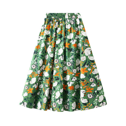 Women's Retro Print Skirt Cotton Layered High Elastic Waist Pleated Flare A-Line Midi Length