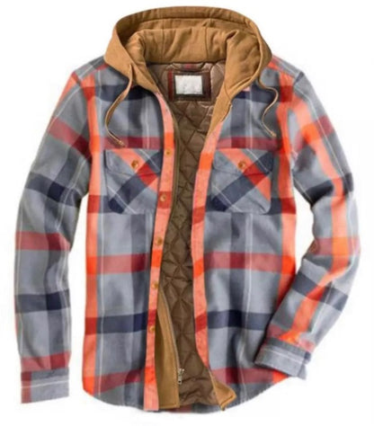 Men's Check Striped Plaid Lined Hooded Jacket Long Sleeve Button Front Shirt