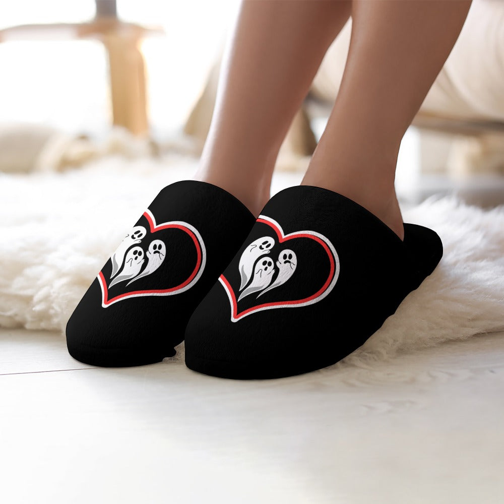 Women's Ghost Love Heart Print Flannel Slippers Soft Comfortable Indoor Home Shoes Halloween Season Black