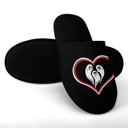 Women's Ghost Love Heart Print Flannel Slippers Soft Comfortable Indoor Home Shoes Halloween Season Black