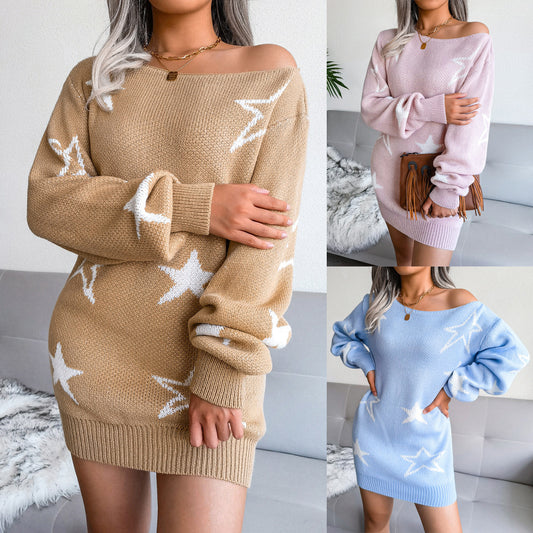 Women's Stars Print Off Shoulder Sweater Knit Dress Long Sleeves Mini Casual Fashion