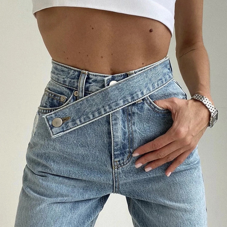 Women's Denim Jeans Retro Oblique Belt Design High Waist Straight Long Wide Leg