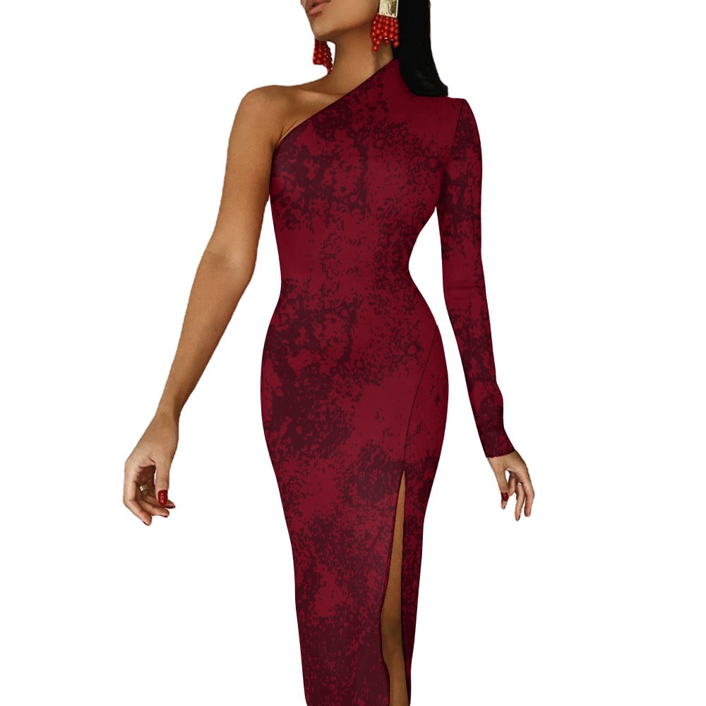 Women's Red Two-tone Paint Print One Shoulder Half Sleeve Thigh Slit Leg Long Dress Elegant Sexy Fashion