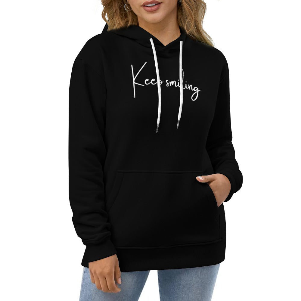 Plus Size Unisex Front and Back Letter Print Keep Smiling Sweatshirt Long Sleeve Drawstring Pocket Hoodie Top