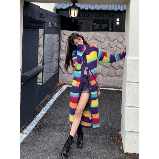 Women's Rainbow Striped Colourful Knitted Long Cardigan