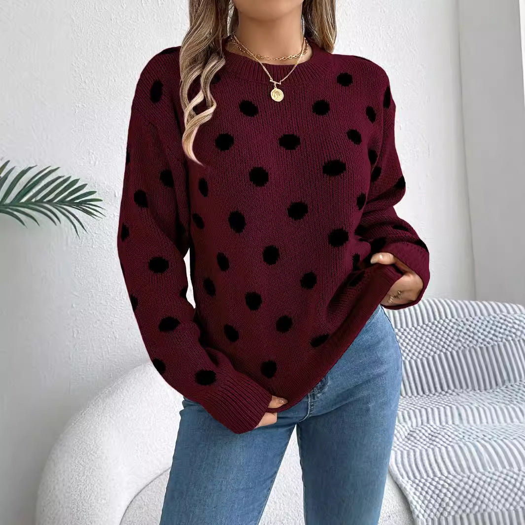 Women's Knitted Contrast Colour Polka Dot Jumper Long Sleeve Round Neck Sweater