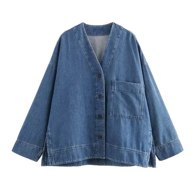 Women's Denim Jacket Dropped Sleeve V-Neck Loose Fit Button Front Top Coat