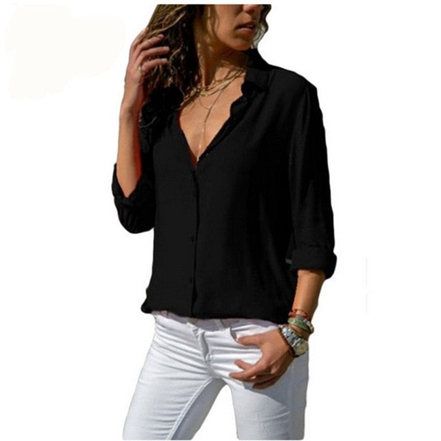 Women's Solid Colour Chiffon Blouse Long Sleeve V-Neck Button Front Casual Shirt