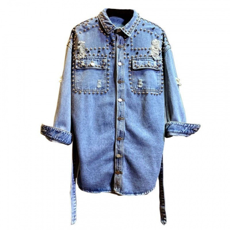 Women's Denim Ripped Stud Detail Shirt Belt Tie Waist Long Sleeve Button Front