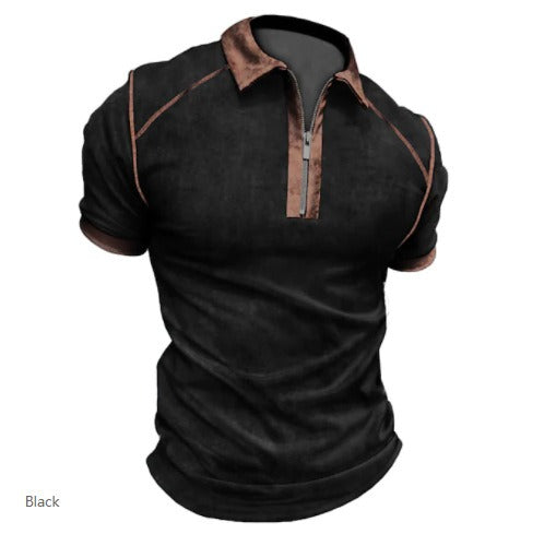 Men's Polo Shirt Zipper Collar Short Sleeve Detailed Shoulder Casual T-shirt