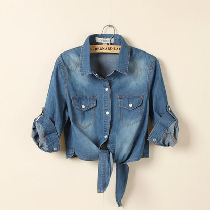 Women's Denim Shirt Crop Tie Waist Medium Sleeve Button Front Collar Top Casual Fashion