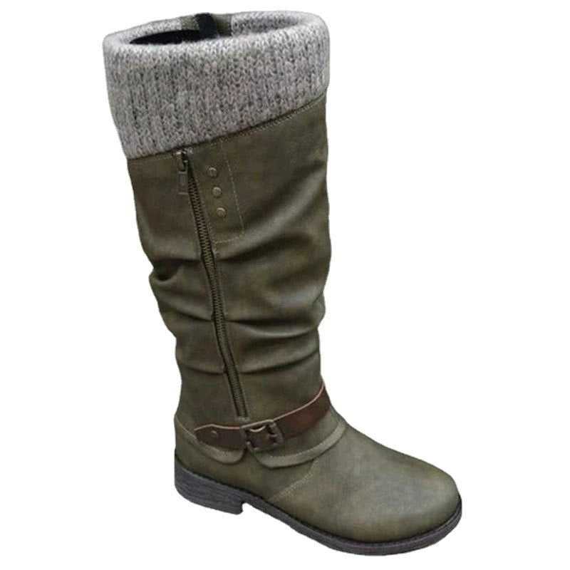 Women's Knee Length Snow Boots Wool Trim Thick Low Heel Zip Side Footwear