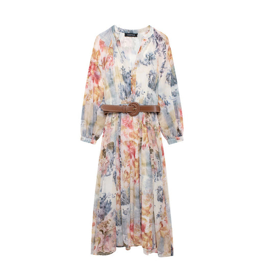 Women's Retro Floral Print V-neck Long Sleeve Fitted Waist Dress