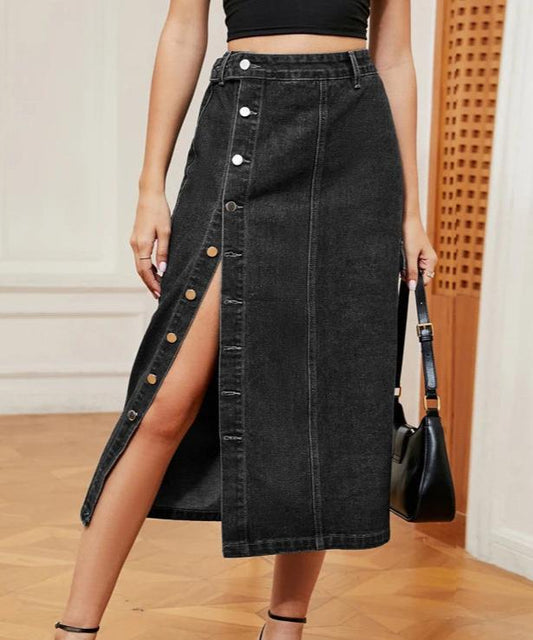 Women's Denim Skirt Side Button Pocket Detail Split Leg