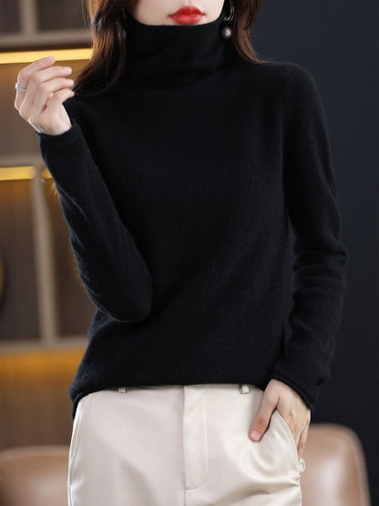 Women's Solid Colour Wool Sweater High Lapel Neck Long Sleeve Warm Cosy Jumper Top