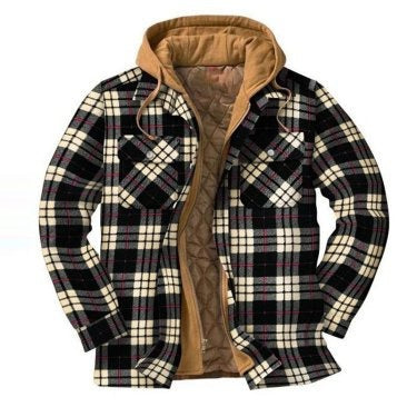 Men's Check Striped Plaid Lined Hooded Jacket Long Sleeve Button Front Shirt