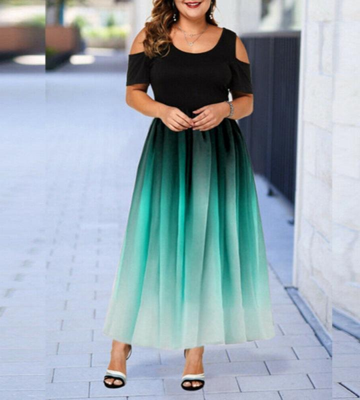 Women's Plus Size Ombre Maxi Dress Cut Out Shoulder Short Sleeve Fitted Waist