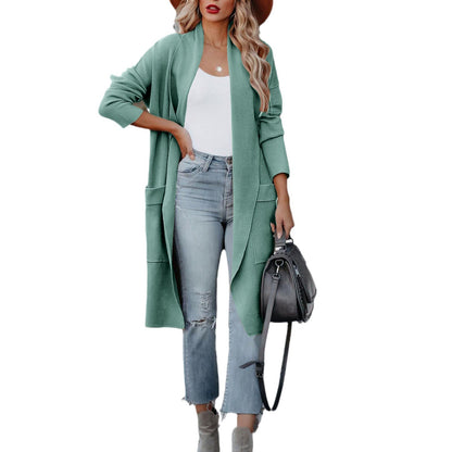 Women's Solid Colour Long Soft Coat Open Front With Pockets