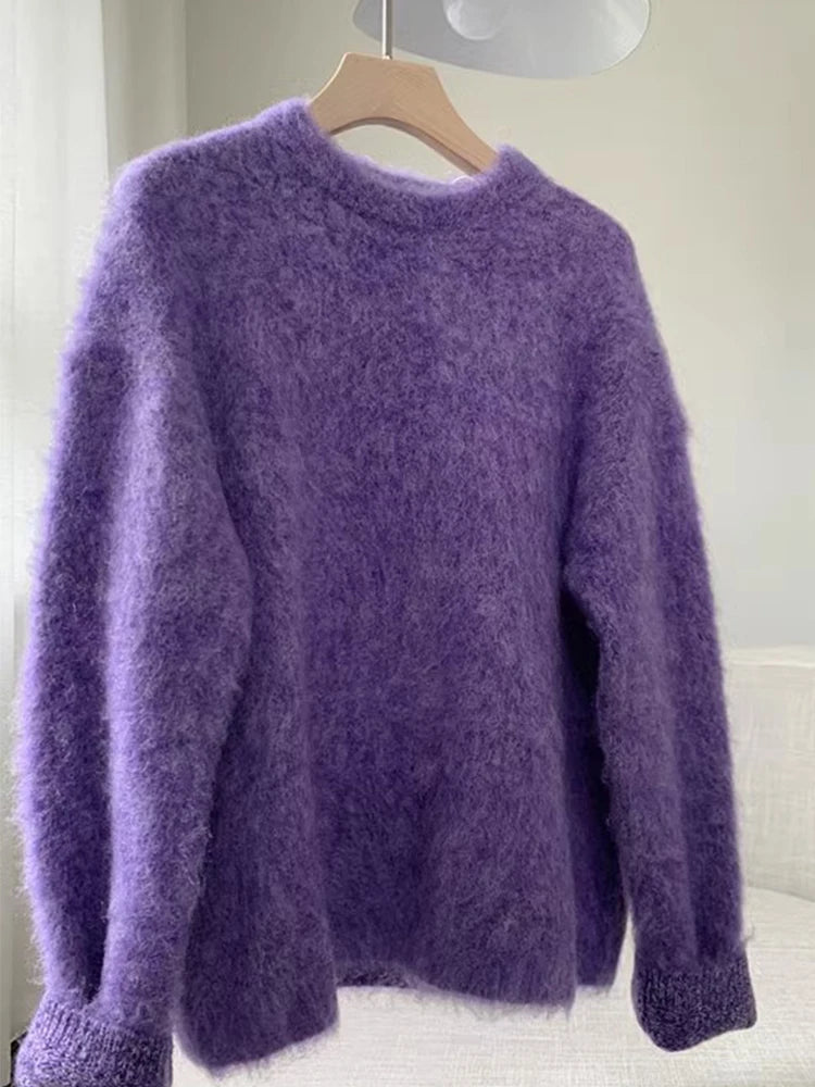 Women's Purple Mohair Style Knitted Pullover Sweater Loose Thickened Soft Warm Jumper