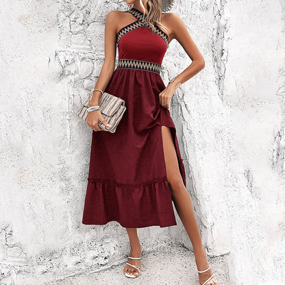 Women's Bohemian Style Halter Neck Split Thigh Midi Dress