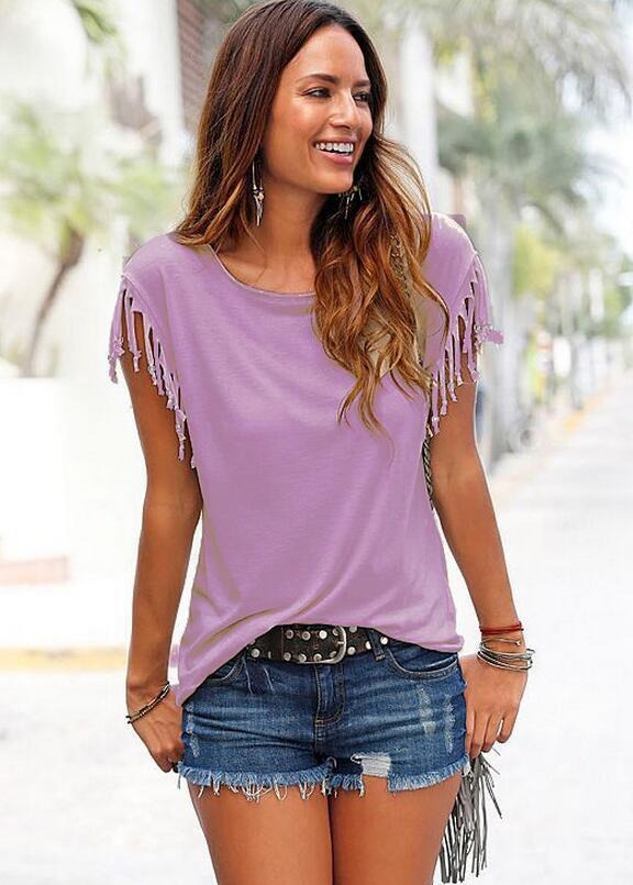 Women's Solid Colour T-shirt Round Neck Short Sleeved Tassel Edge Top Casual Boho Fashion