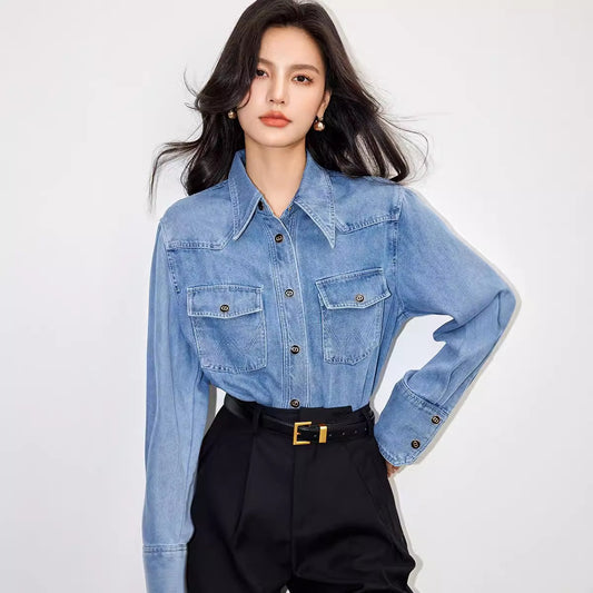 Women's Retro Denim Shirt Button Front Pockets Cowboy Style Blouse