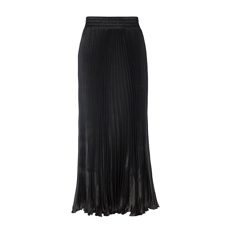 Women's Satin Metallic Pleated Maxi Skirt Long Organ Fan Long Length Elastic Waist